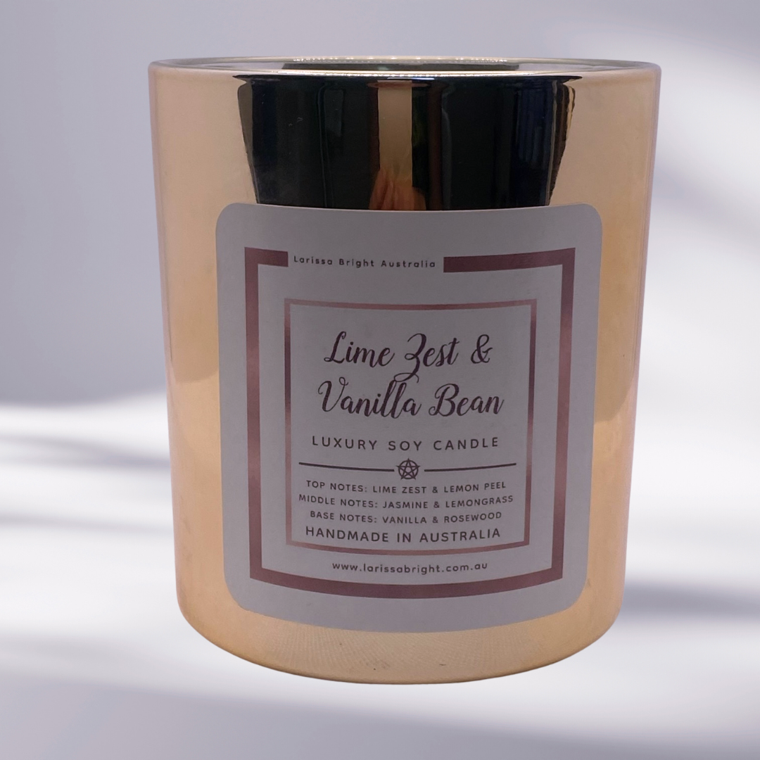 Double Wick Lime Zest, Rosewood & Vanilla Bean Luxury Handmade Soy Candle - Rose Gold Vessel