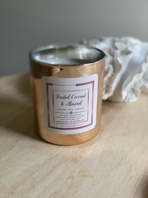 NEW!! Double Wick Candle. Toasted Coconut, Crushed Apple & Almond  Luxury Handmade Soy Candle : Rose Gold Vessel - Larissa Bright Australia