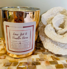 Load image into Gallery viewer, NEW! Double Wick Lime Zest, Rosewood &amp; Vanilla Bean Luxury Handmade Soy Candle - Rose Gold Vessel - Larissa Bright Australia