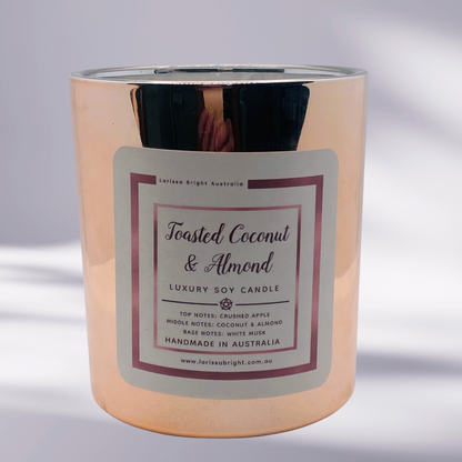 Double Wick Candle. Toasted Coconut, Crushed Apple & Almond  Luxury Handmade Soy Candle : Rose Gold Vessel